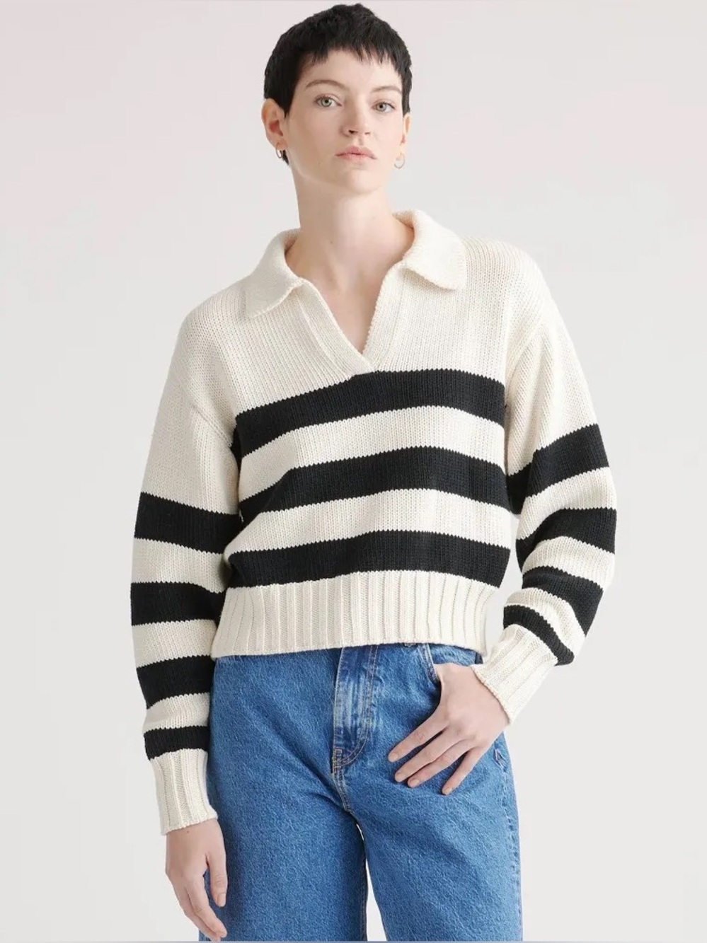 QUINCR 100% Organic Cotton Cropped Polo Sweater Striped Ivory Black Size XS